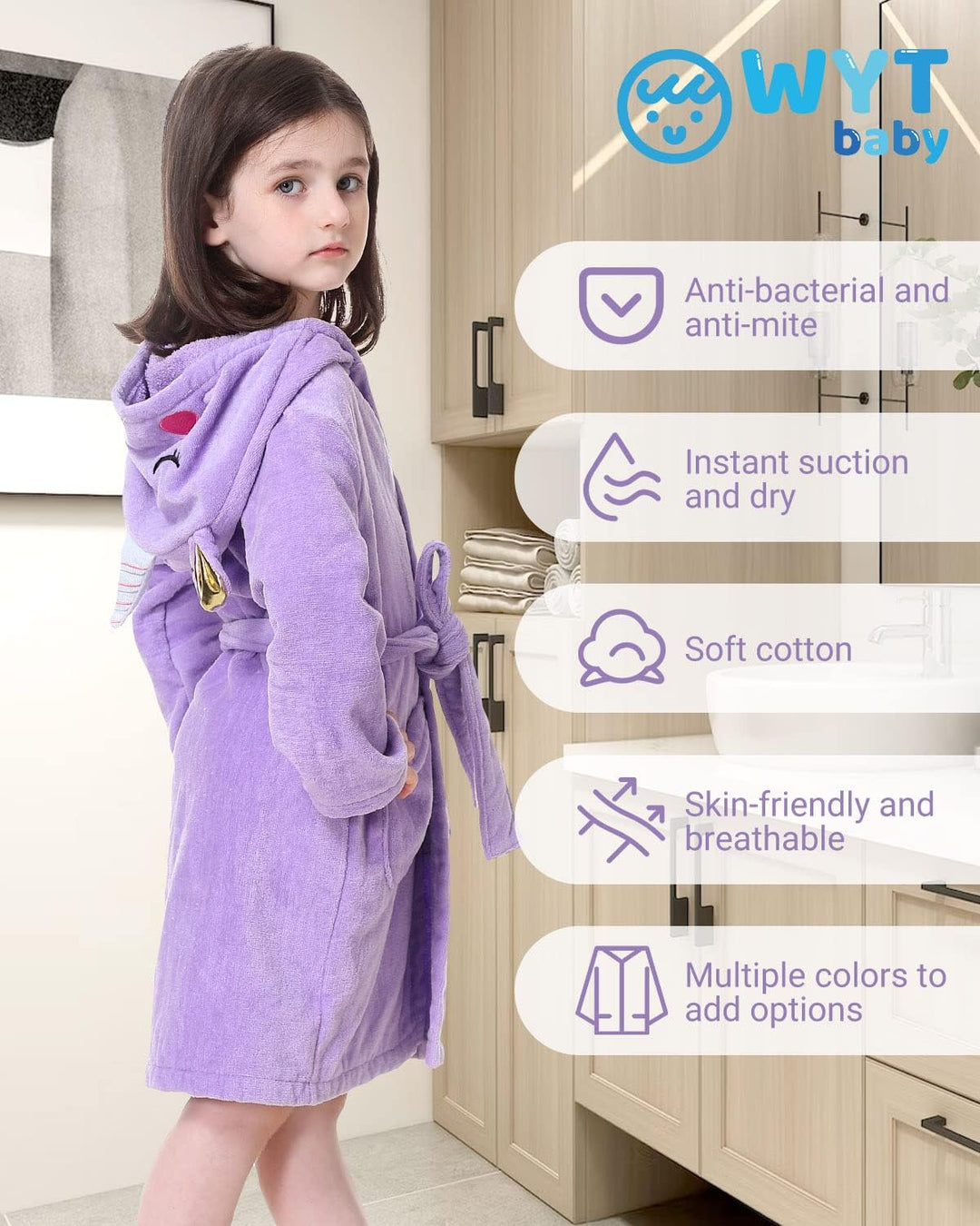 WYTbaby Bademantel Kinder Teenager Mädchen Jungen 100% Baumwolle Kapuze Nachtwäsche Strandtücher Mor