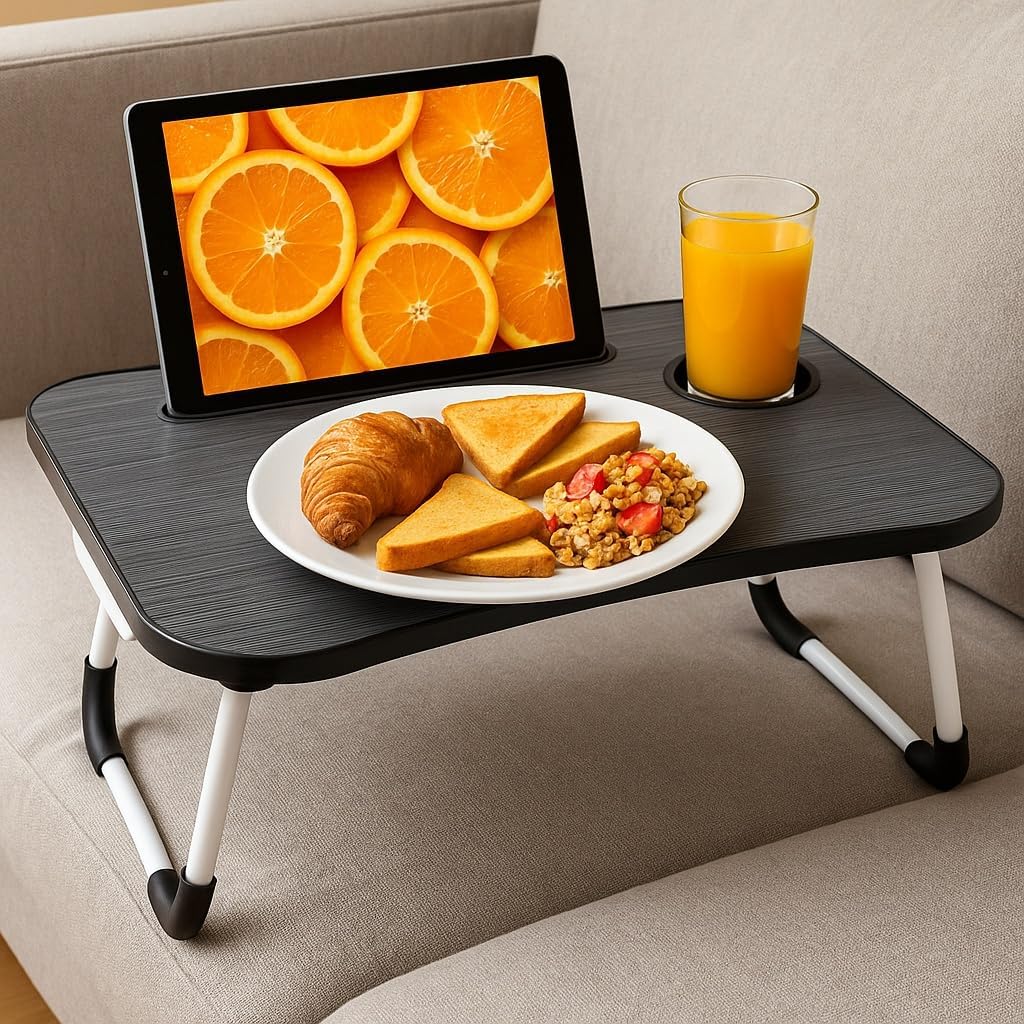Betttablett Klappbar, Frühstückstablett mit Griff und Getränkehalter, Serviertisch, Ideal für Lesen