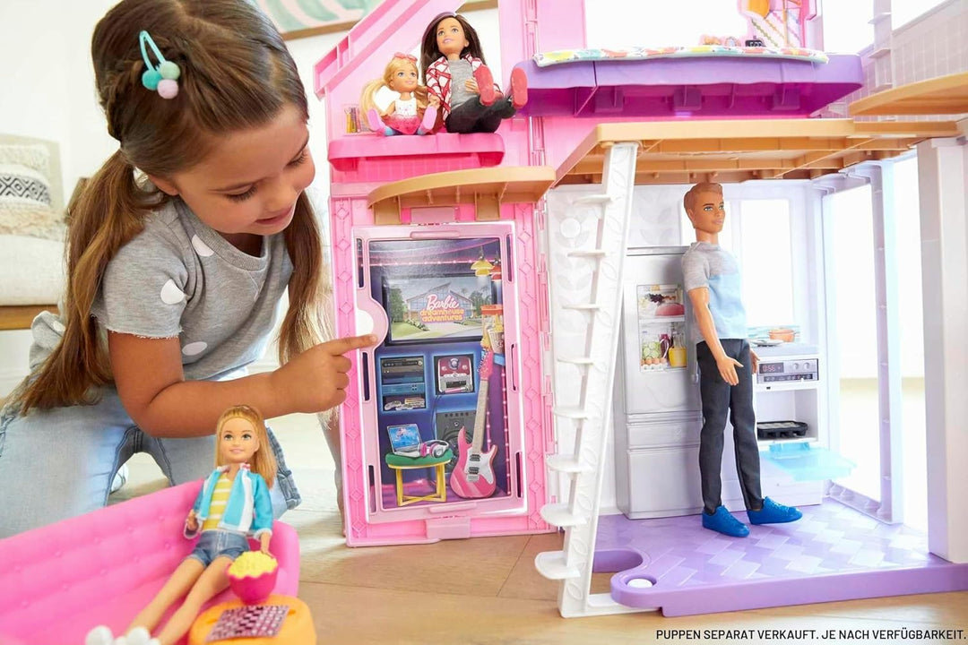 Barbie Malibu Haus, zweistöckige Traumvilla, mit 6 Zimmern, 25+ Barbie Zubehör, ohne Barbie Puppen,