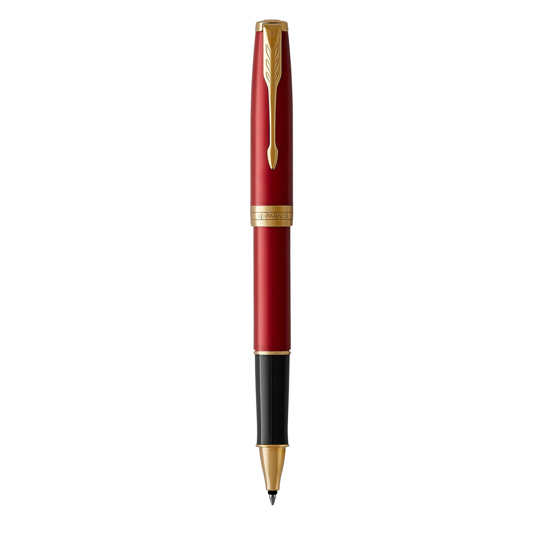 Parker Sonnet Tintenroller , Rote Lackierung mit Goldzierteilen , feine Spitze , Schwarze Tinte , Ge
