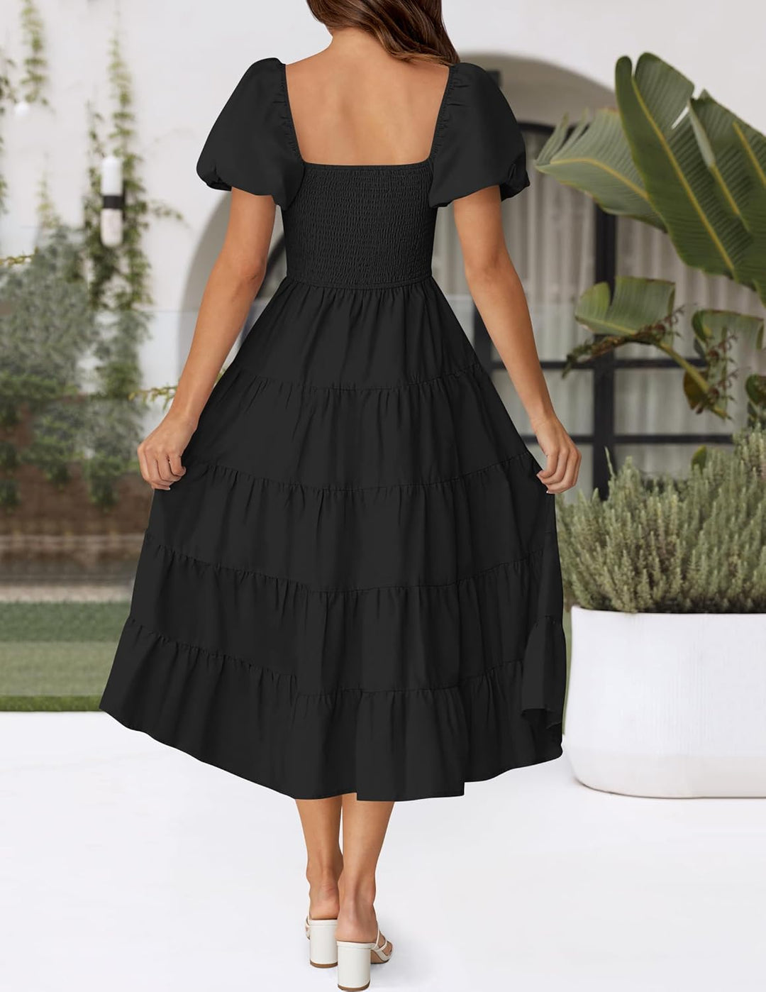ZESICA Damen-Sommerkleid, eckiger Ausschnitt, Kurze Puffärmel, einfarbig, hohe Taille, lässig, flies