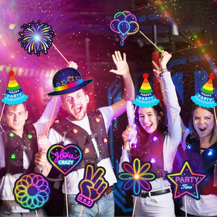 33 Stück Fotobox Accessoires Neon Party Deko mit Aufblasbare Instrumente Set für Geburtstag, Karneva