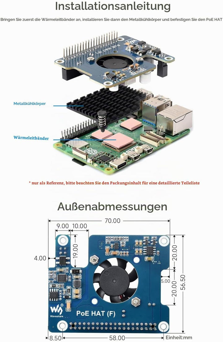 Waveshare PoE Power Over Ethernet HAT (F) Compatibele with Raspberry Pi 5 / cm 5, High Power, Onboar