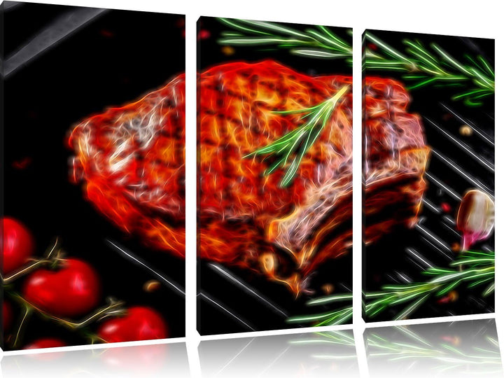 Pixxprint Steak mit Rosmarien garniert als Leinwandbild/Grösse: 3 Teilig (120x80) cm/Wandbild/Kunstd