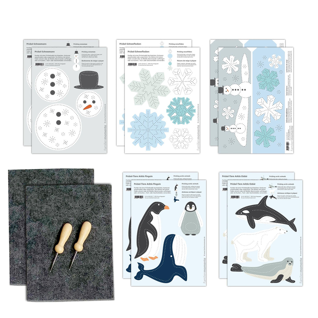 Familienmomente Maxi-Bastelset zum Prickeln Winter, 10 Vorlagen (2x Schnee-Windlichter, 2x Schneeman