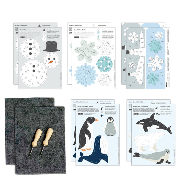 Familienmomente Maxi-Bastelset zum Prickeln Winter, 10 Vorlagen (2x Schnee-Windlichter, 2x Schneeman