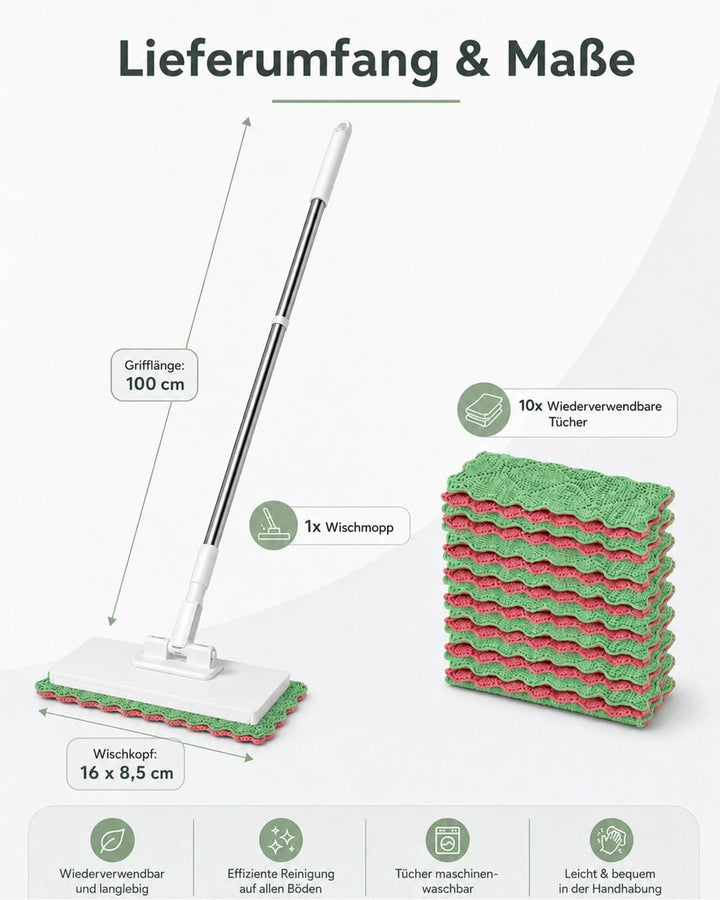 NEU Wischmopp mit Druck-Klemm-System: Ohne Händewaschen,1-Knopf-Wechsel, Automatisches Klemmtuch, Bo