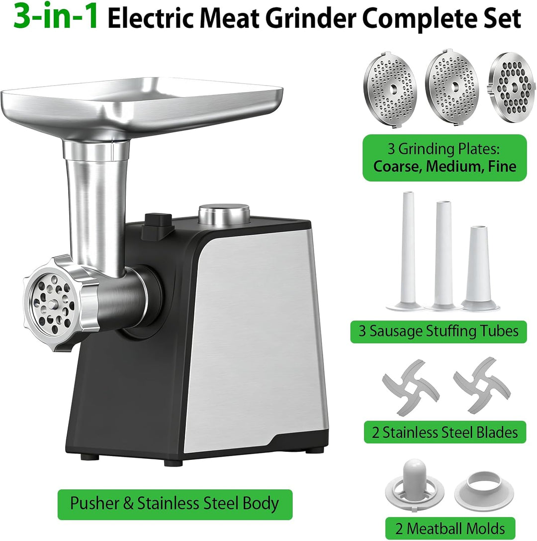 Elektrischer Fleischwolf 3 in 1 mit Wurstfüller, 3200W Fleischwolf Edelstahl, Wurstmacher mit 3 Wurs