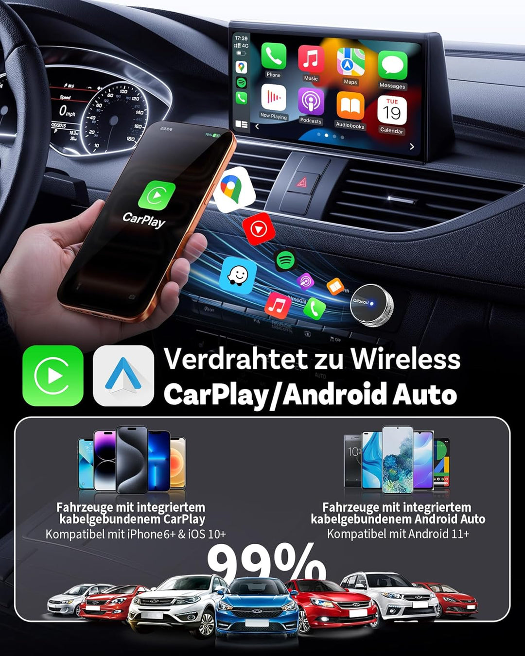OTTOCAST Mini Tube 2026, Wireless CarPlay & Android Auto Adapter für iOS 10+/Android 11+, Plug & Pla