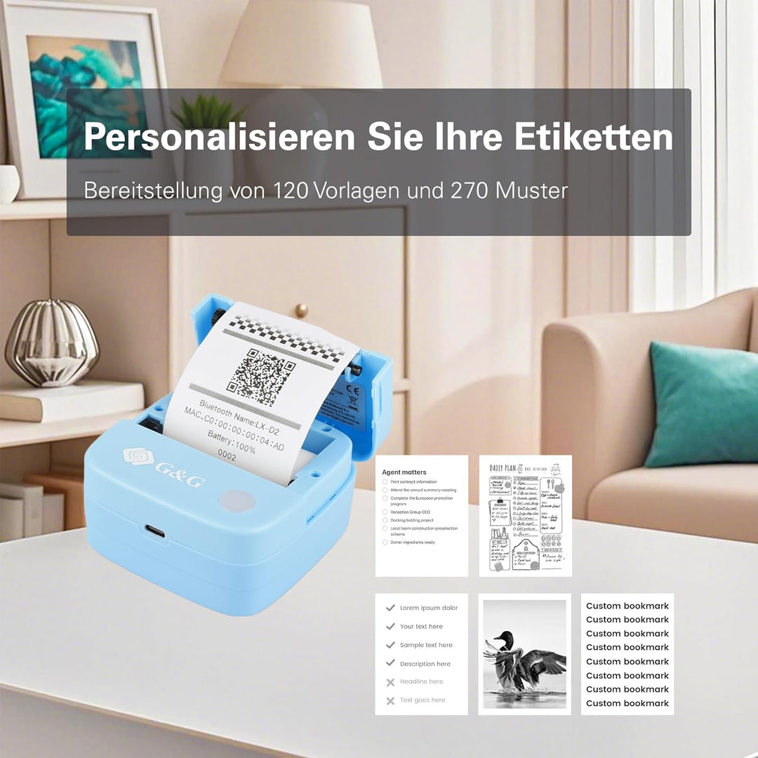 G&G Mini Thermodrucker SD001BL Mobiler Bluetooth Drucker für Handy & Tablet, Kabellos, Ohne Tinte, I