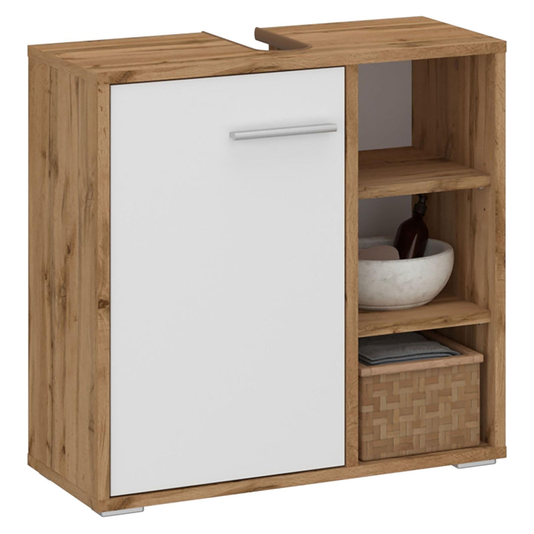 Waschbeckenunterschrank ORNA Wotan Eiche/weiss mit 1 Tür und 3 offenen Fächern, Waschbeckenschrank a