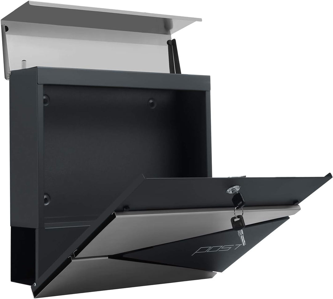 SONGMICS Briefkasten, abschliessbarer Wandbriefkasten, mit Zeitungsfach, einfache Montage, modern, a