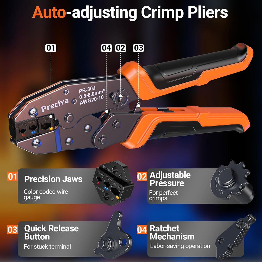 Preciva Crimpzange Set, Kabelschuhzange mit Ratschenmechanik + 350 farbcodierte Kabelverbinder (0,5-