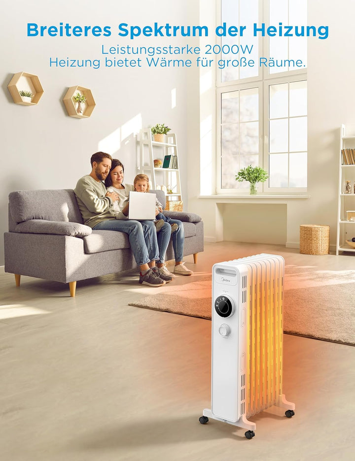 Midea NY2009-22M Ölradiator 2000W Energiesparend Leise, Elektroheizung mit 9 Rippen, Thermostat,3 He