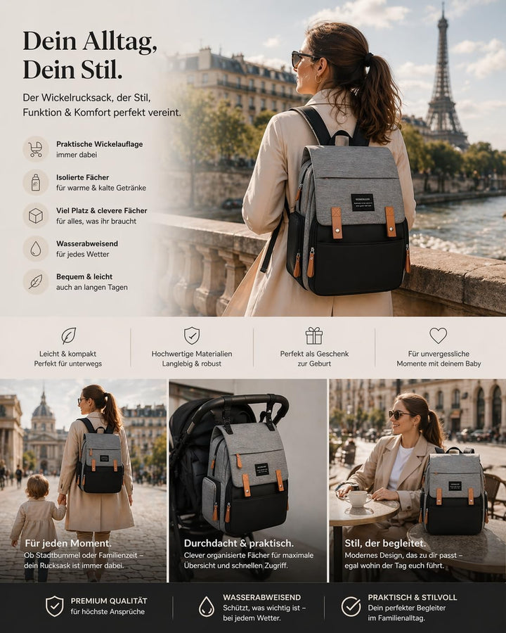Heberlein Prestige Baby Wickelrucksack - grosse Wickeltasche für Mama & Papa, wasserabweisend mit vi