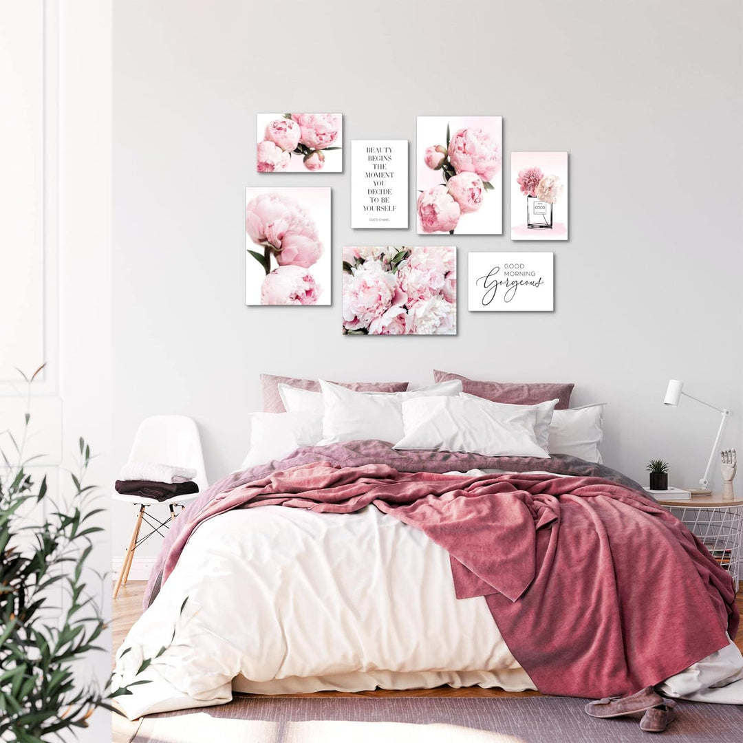 Novart Wandbilder Fashion Blumen - KOMPLETT AUFHÄNGFERTIG - Rosa Wohnzimmer Mädchen Teenager- 7 Mode