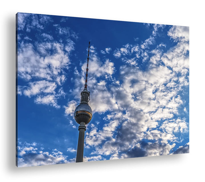 Spitze des Berliner Fernsehturms Format: 80x60 cm als Leinwandbild, Motiv fertig gerahmt auf Echthol