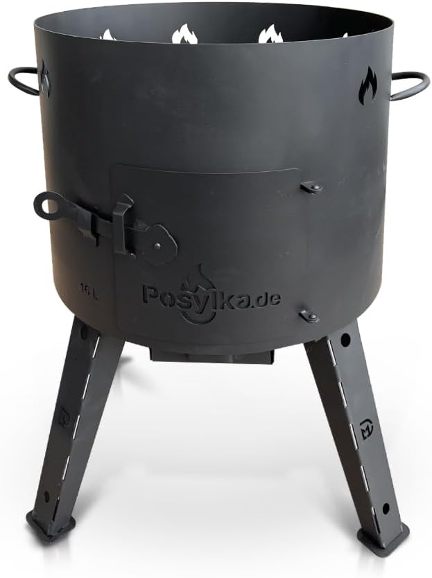 Utschak Feuerofen mit Gusseisen Topf flacher Boden mit Deckel 16 L Ø 44 cm Kazan Schaumlöffel für Pl