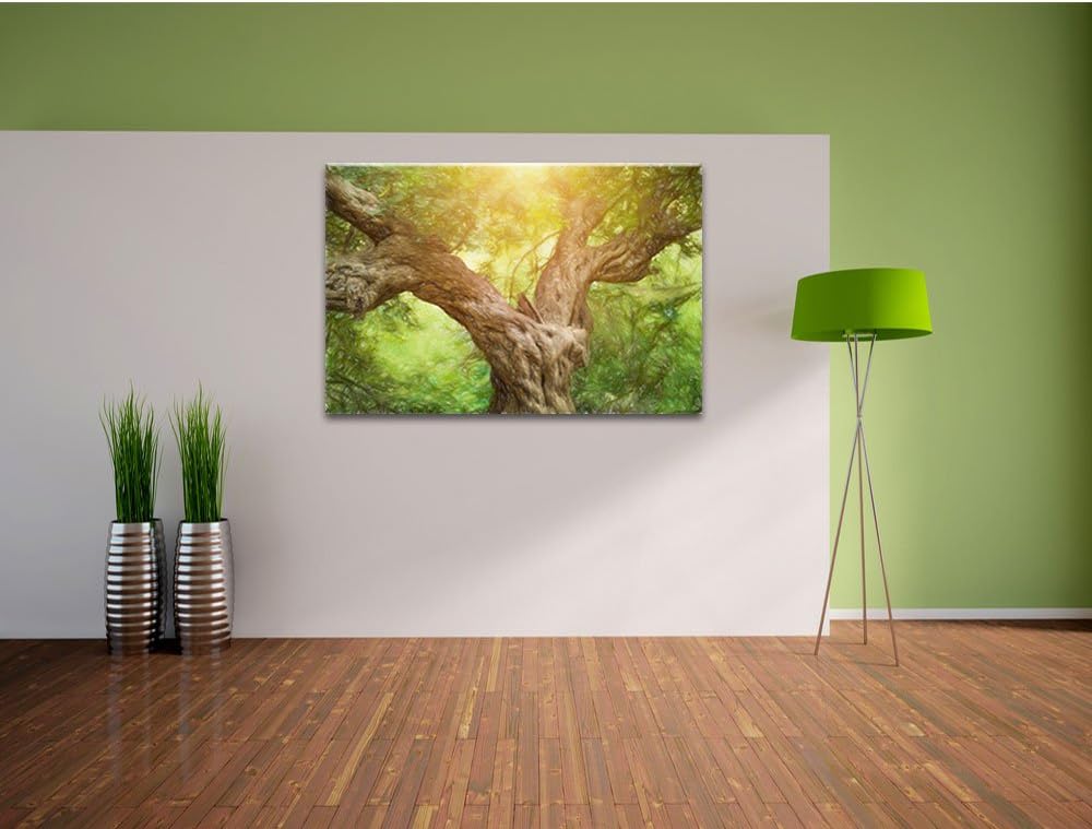 Pixxprint Mächtiger Baum im Wald Kunst Buntstift Effekt, Format: 100x70 auf Leinwand, XXL riesige Bi