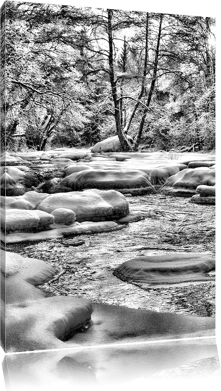 Pixxprint Bach in Winterlandschaft / 100x70cm Leinwandbild bespannt auf Holzrahmen/Wandbild Kunstdru