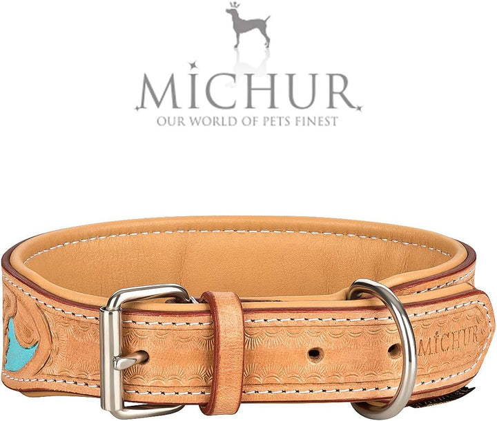 MICHUR Mariano Hundehalsband Leder, Lederhalsband Hund, Halsband, Beige Blau Braun, Leder, mit gesta