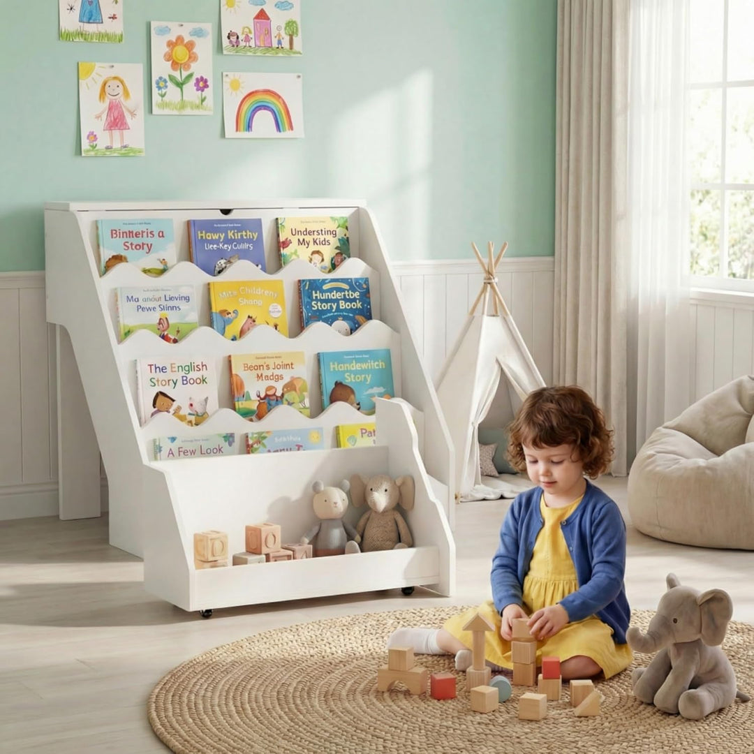 RELAX4LIFE Bücherregal Kinder, Montessori Kinderregal mit 4 Fächern, Klappplatte & Schublade auf Rol