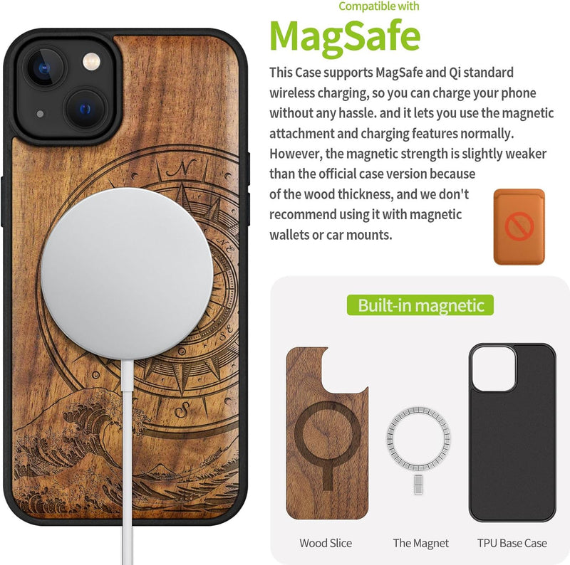 Carveit Holz Handyhülle für iPhone 15 Plus Handyhulle kompatibel mit MagSafe Massivholz für Apple 15