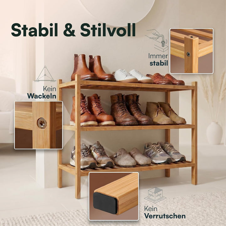Schuhregal aus Bambus, Schuhablage mit 3 Ebenen, 68 x 28 x 46 cm, Erweiterbar Stapelbar, Schuhschran