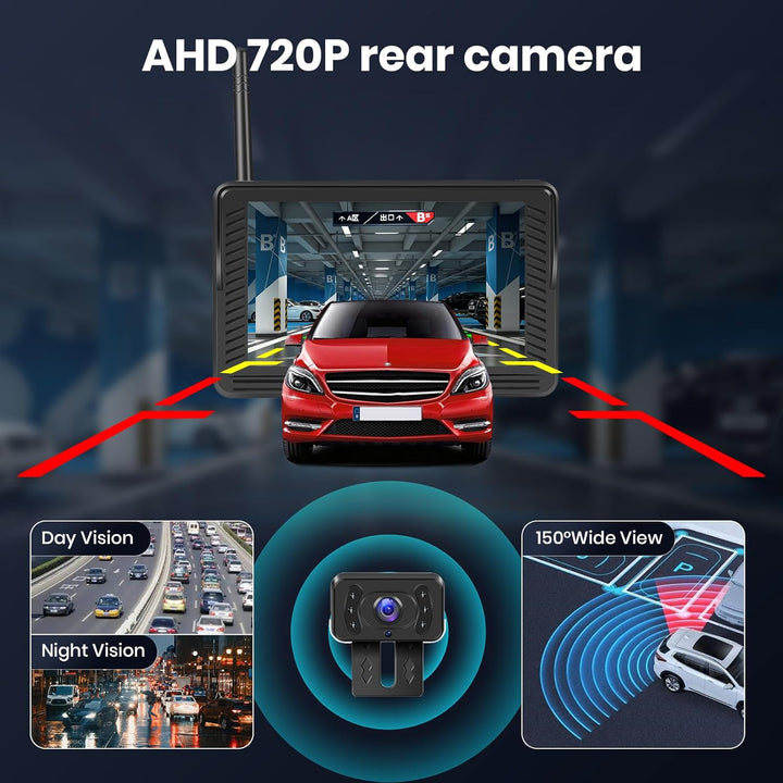 Hodozzy Drahtloses Rückfahrkamera Kit mit 4,3'' IPS Monitor, IP69 wasserdichte Rückfahrkamera, Stabi