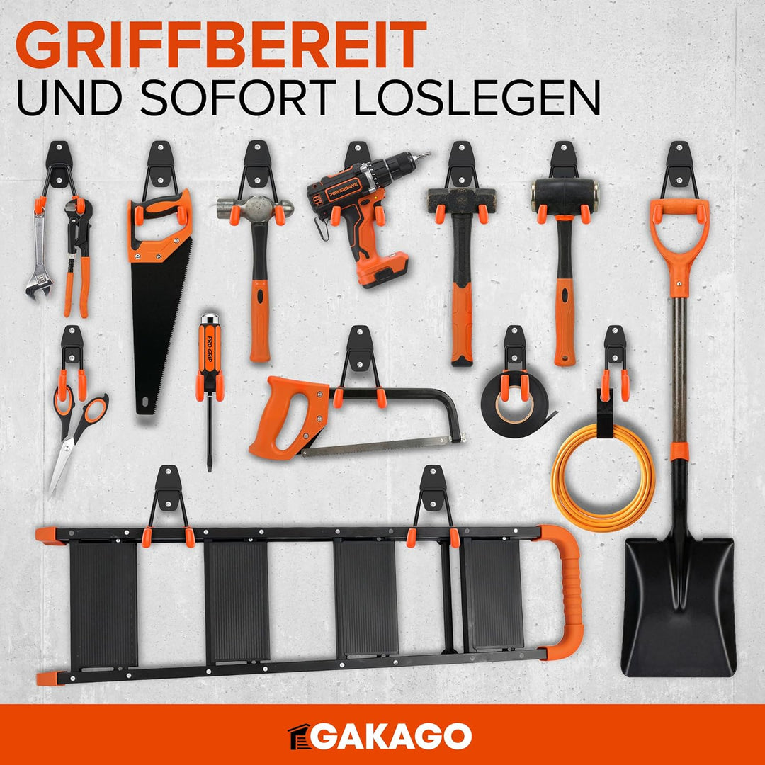 Gakago Gerätehalter Wandhalterung – 10er Garagenhaken Set inkl. Dübel, Schrauben &amp; Anleitung – Werkz