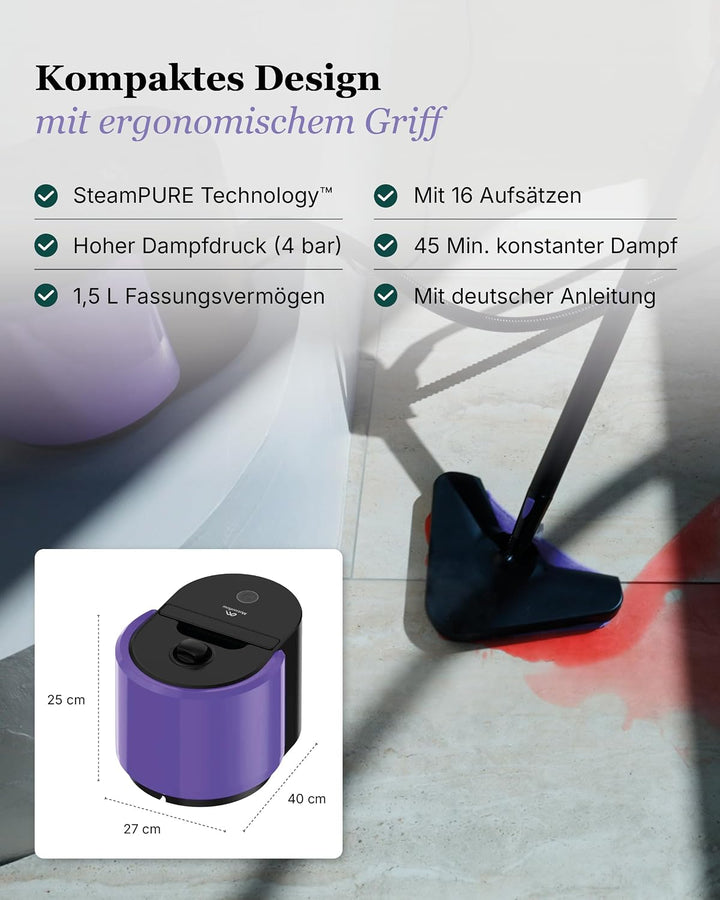 Motionflow PRO Dampfreiniger für alles - 1500W Hochdruck Steam Cleaner mit Edelstahlboiler für Polst