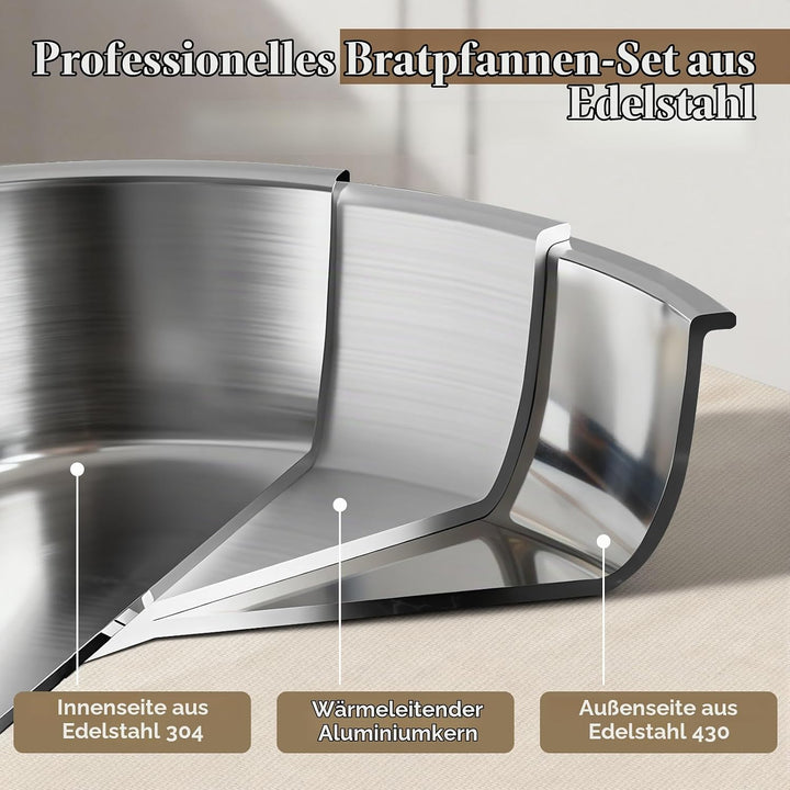 10Stk Topfsets Edelstahl Pfannenset mit Abnehmbaren Griffen, Pfanne 24cm, Topf 18/20cm, Stapelbar To