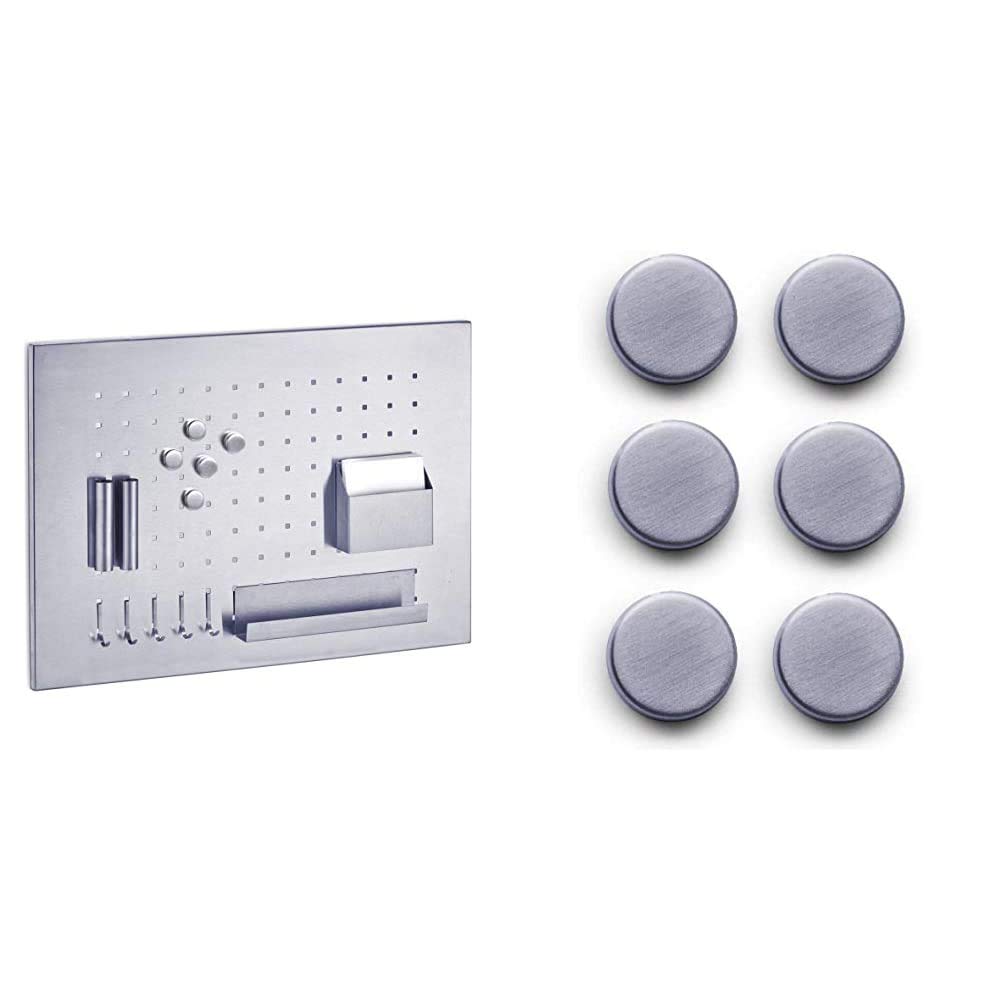 Zeller Memoboard, Edelstahl, Silber, 50 x 35 x 1.5 cm & 11203 Magnet-Set 6-teilig, Ø 2.7 cm, Edelsta