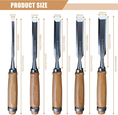 Stechbeitel Set für Holz 5tlg, inkl Scharfes Stecheisen Satz(6, 12, 16, 18, 20mm), Holzmeissel Set m