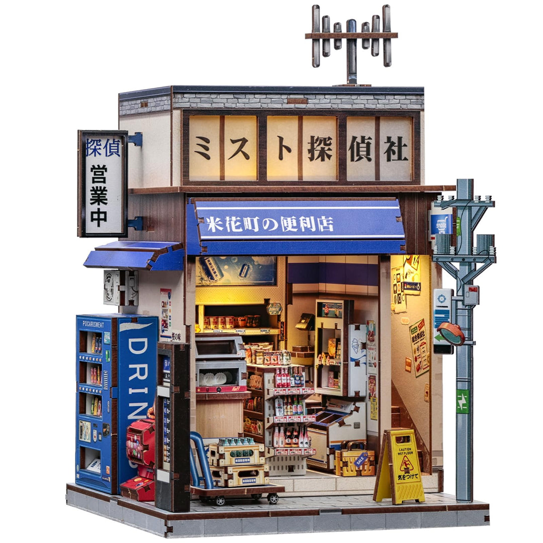 Japanisches Zwei-Szenen-3D-Puzzle Book Nook Kit - Puppenhaus mit versteckter Treppe, Konbini-Atmosph