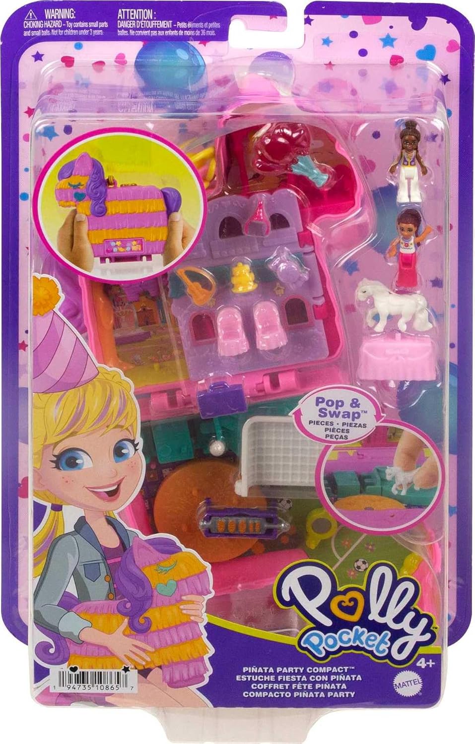 Polly Pocket Piñata-Party Schatulle - Pferde-Piñata, Glitzerfenster, 2 Puppen, 5 Spielelemente, 13 A