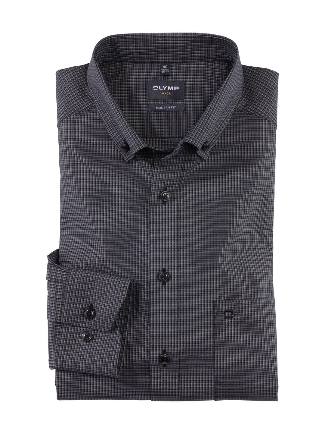 OLYMP Herren Businesshemd Langarm Luxor,Kariert,modern fit,Button-Down-Kragen 37 Schwarz 68, 37 Schw