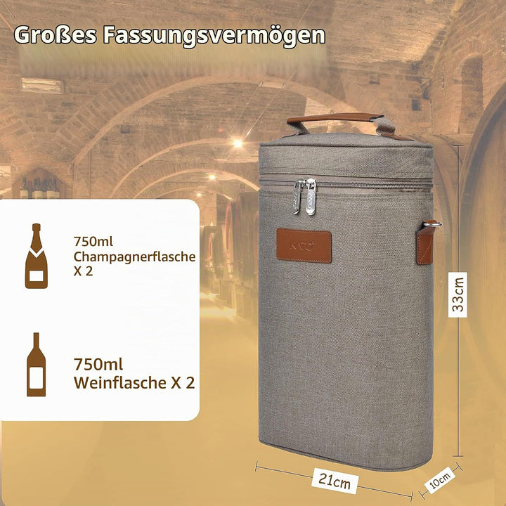 Kato Tirrinia Eisbeutel für 2 Flaschen, isolierter Weinbeutel, tragbarer Wein-Eisbeutel mit Gurt für