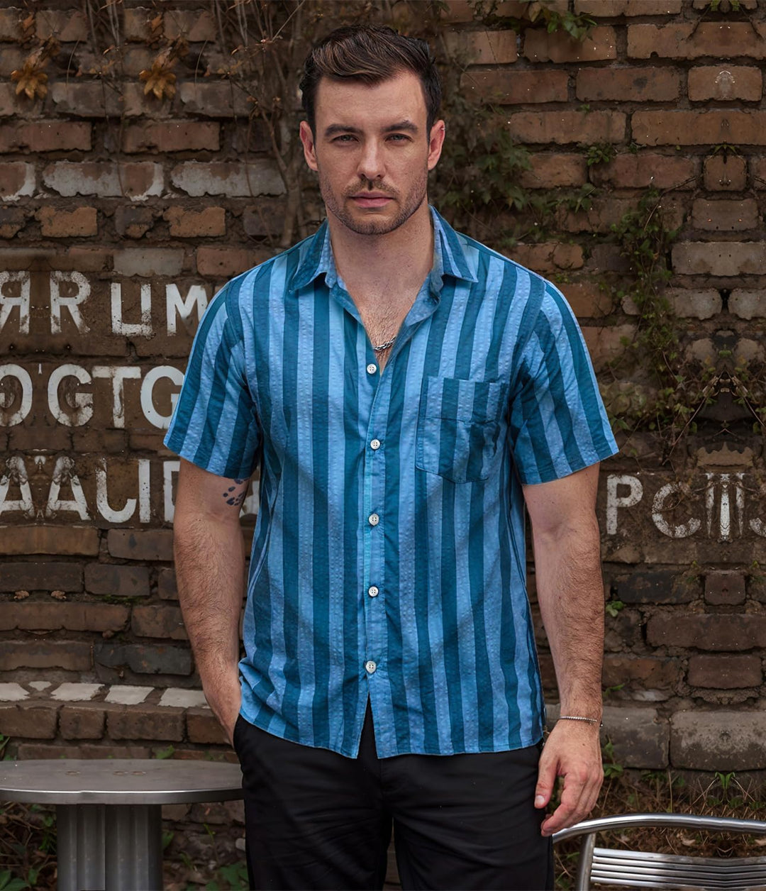 VATPAVE Herren Gestreifte Sommerhemd Casual Button Down Kurzarm Strand HawaiiHemd S Aquablau Schwarz