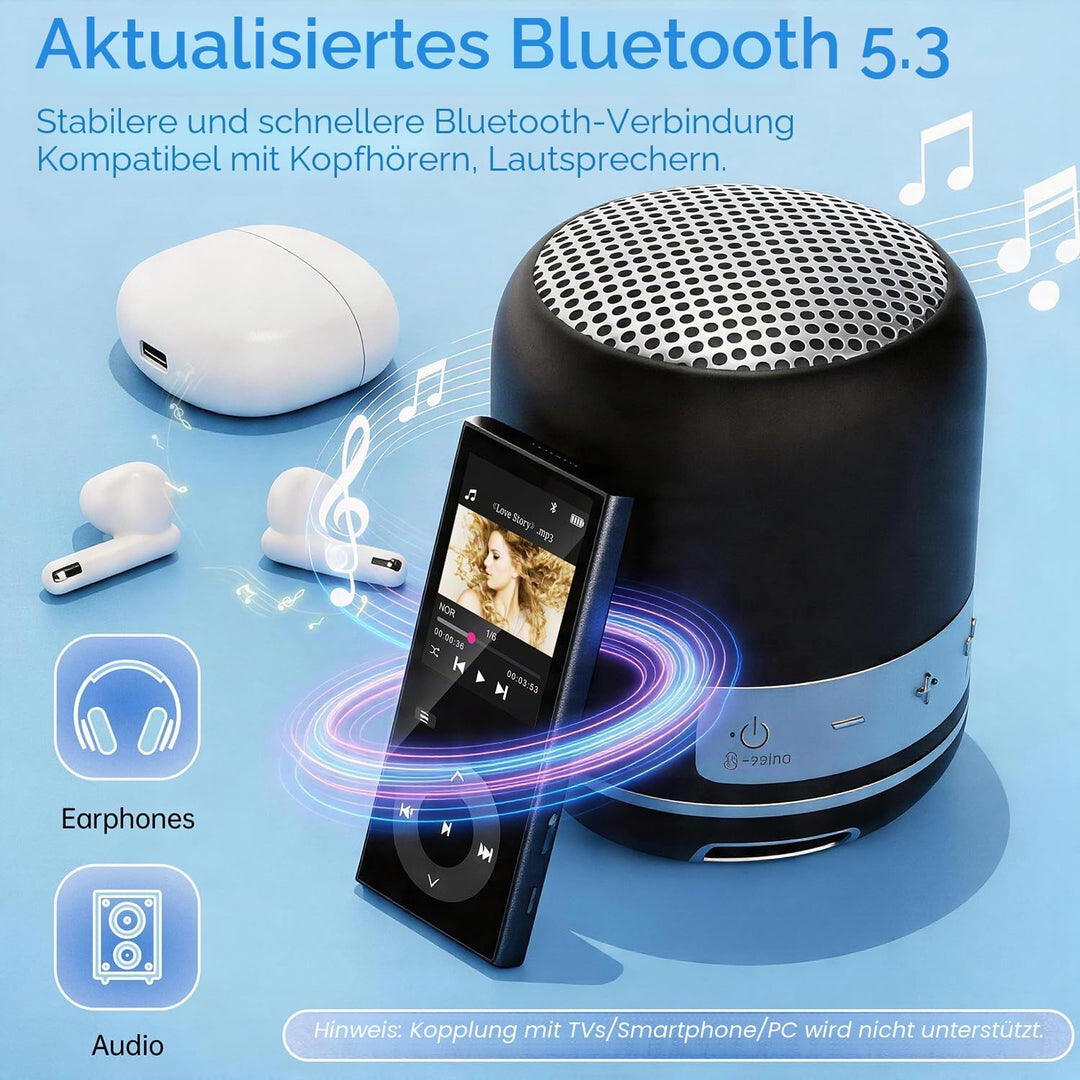 90GB MP3 Player Bluetooth 5.3, Musik Player 2 TF-Kartensteckplätzen, 2,4" Farbbildschirm, Touch-Tast