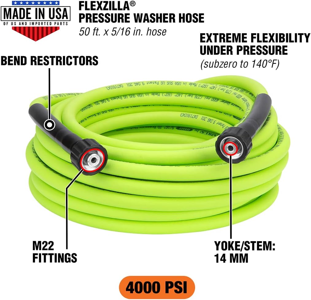 Flexzilla® ZillaGreen Hochdruckreiniger-Schlauch, 5/16 Zoll x 50 Fuss, 4000 PSI, M22-Armaturen, 4000