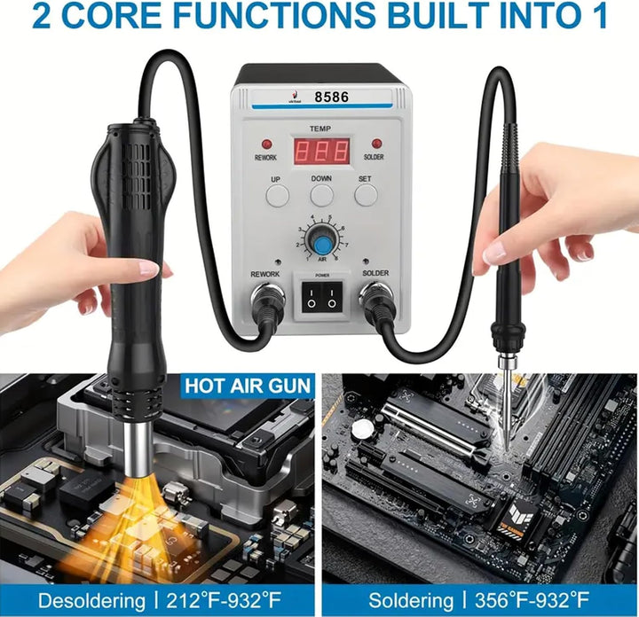 Victool Lötstation, 2 in 1 Heissluft Lötstation Lötkolben Set 8586 mit 3 Luftdüsen, Einstellbare Tem