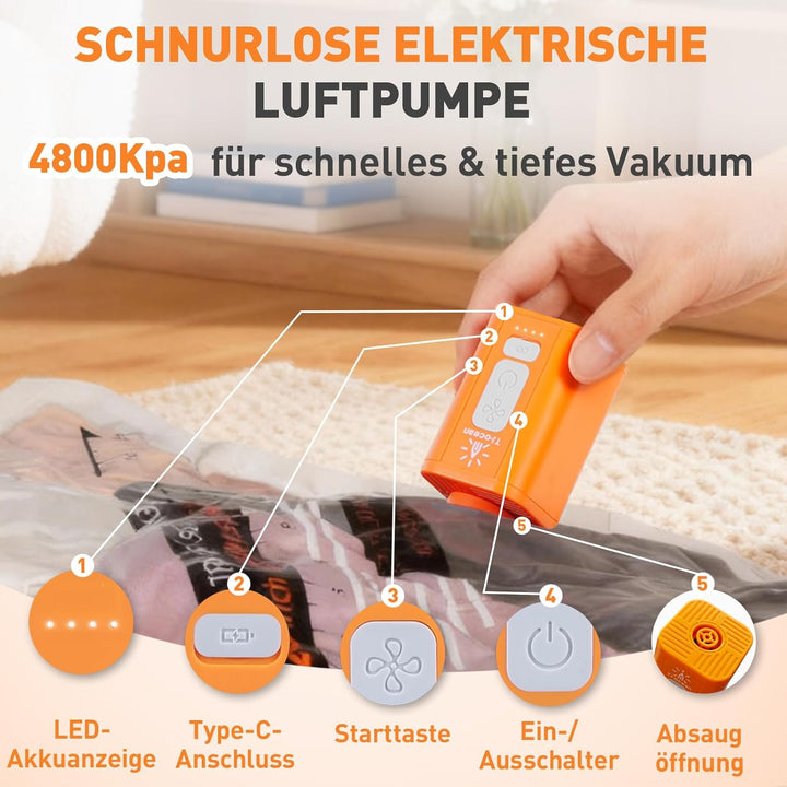 Vakuumbeutel für Kleidung mit Kabellose Vakuumpumpe, 12 Stück wiederverwendbare Vakuumbeutel für Kle