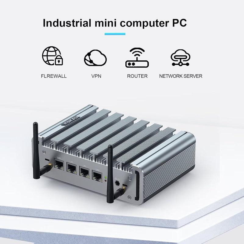 Lüfterlos Mini PC Firewall Appliance,Celeron J4125,8GB DDR4 RAM 128GB mSATA SSD,HDMI,VGA,4 2.5Gbe LA