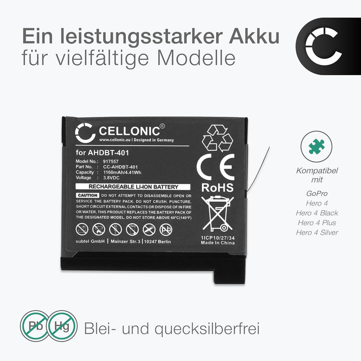 CELLONIC, Akku für Kamera kompatibel mit GoPro Hero 4, 4 Black, 4 Silver, 4 Plus (3.8V, 1160mAh) 1x