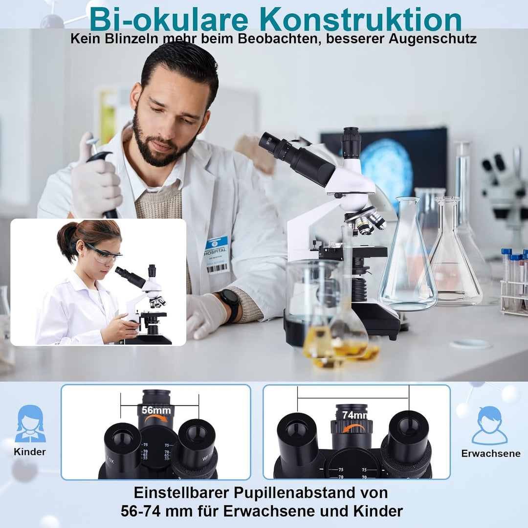 Mikroskop für Erwachsene 40x-2000x Verbundmikroskop mit Dual-LED-Beleuchtung für Schule, Zuhause, La