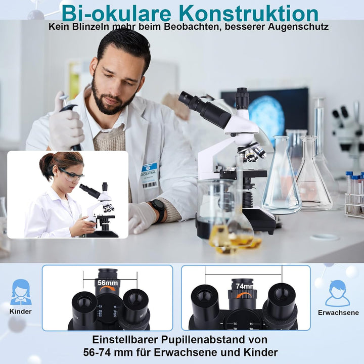 Mikroskop für Erwachsene 40x-2000x Verbundmikroskop mit Dual-LED-Beleuchtung für Schule, Zuhause, La