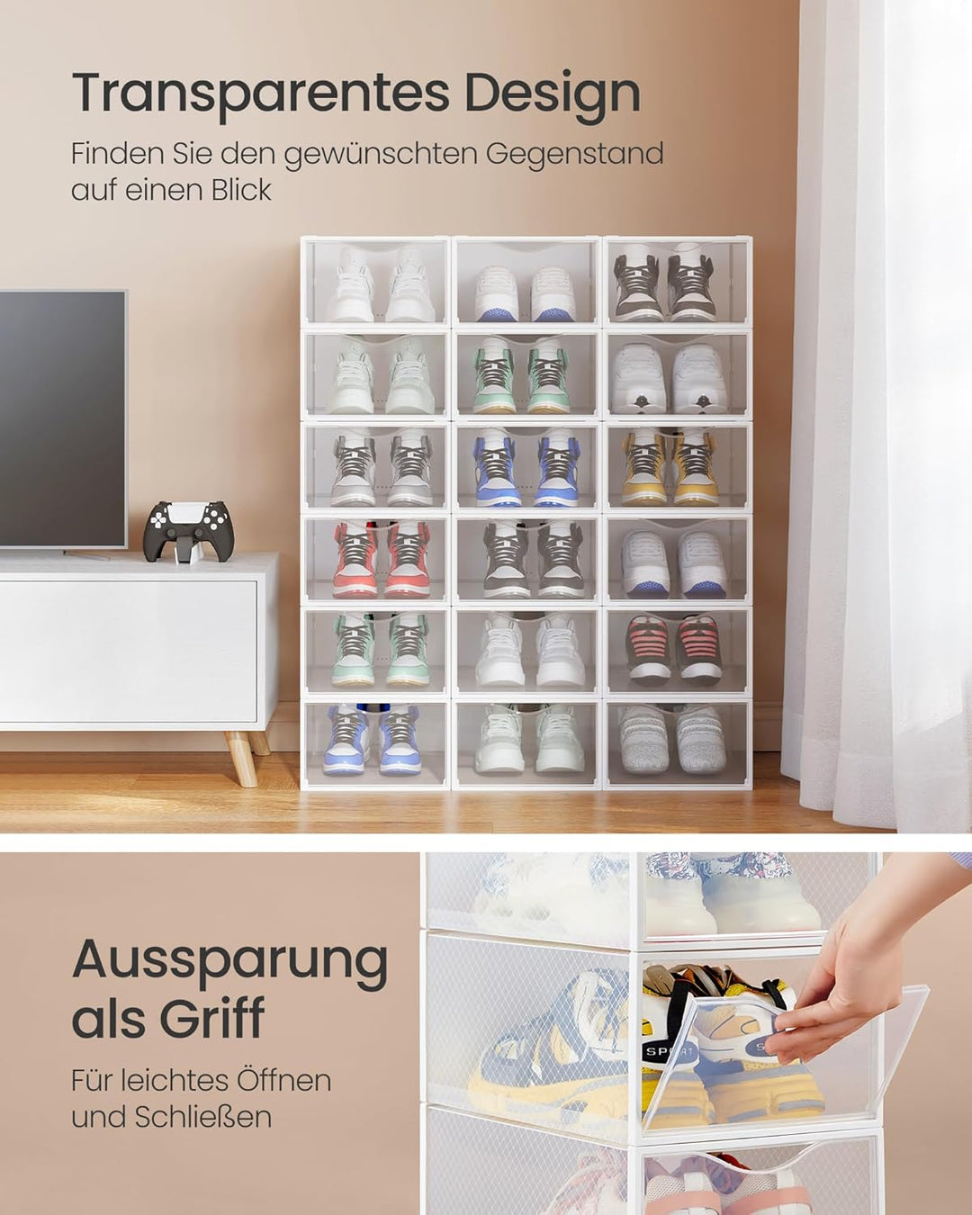 SONGMICS Schuhboxen, Schuh-Organizer aus Kunststoff, mit Tür, durchsichtig, 18er Set, stapelbar, ein