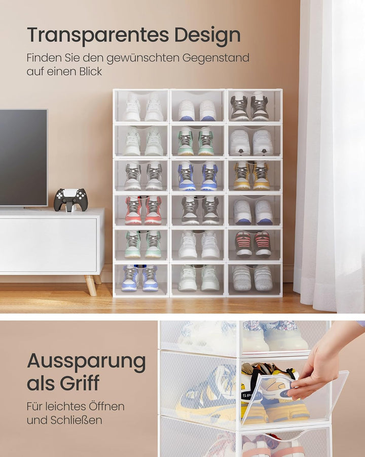 SONGMICS Schuhboxen, Schuh-Organizer aus Kunststoff, mit Tür, durchsichtig, 18er Set, stapelbar, ein