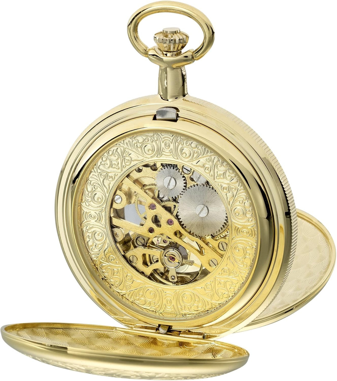 PUREgrey Taschenuhr Doppeldeckel Skelett mechanisch mit Kette und Etui